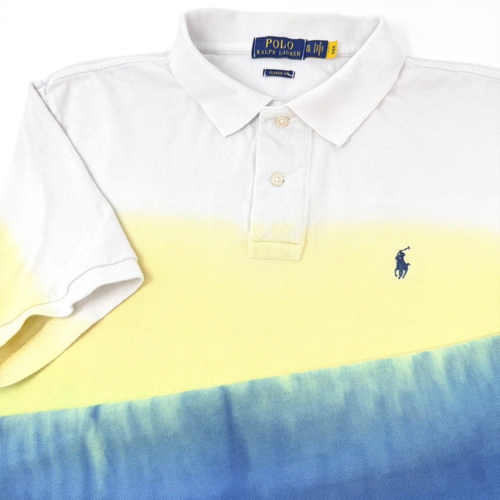 Polo Ralph Lauren Mens XL Classic Fit Ombre Dip Dye Polo Shirt White Yellow Blue